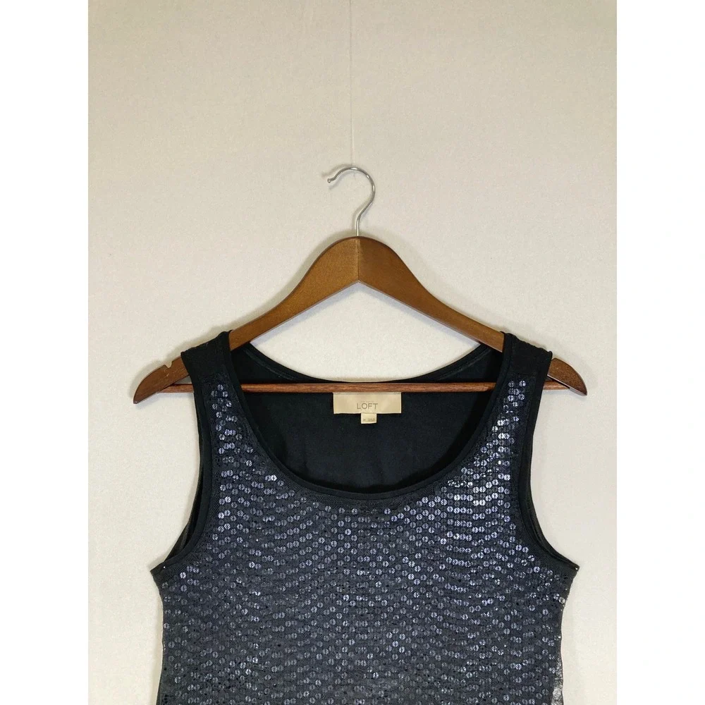 Party Glam LOFT Women Med Black Sequin Lace Front Scoop Neck Tank Top Sleeveless